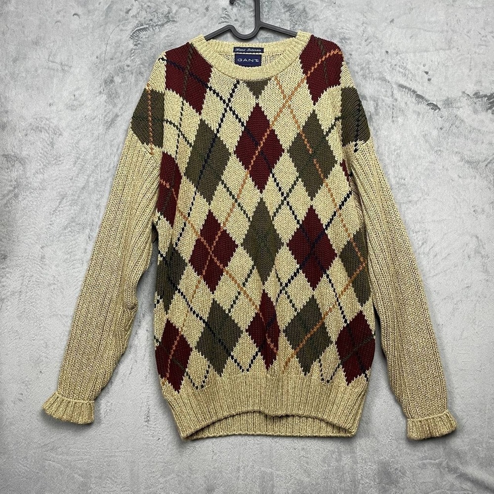 GANT Preppy Cotton Argyle Knit Crewneck Sweater Large Beige Academia Classic